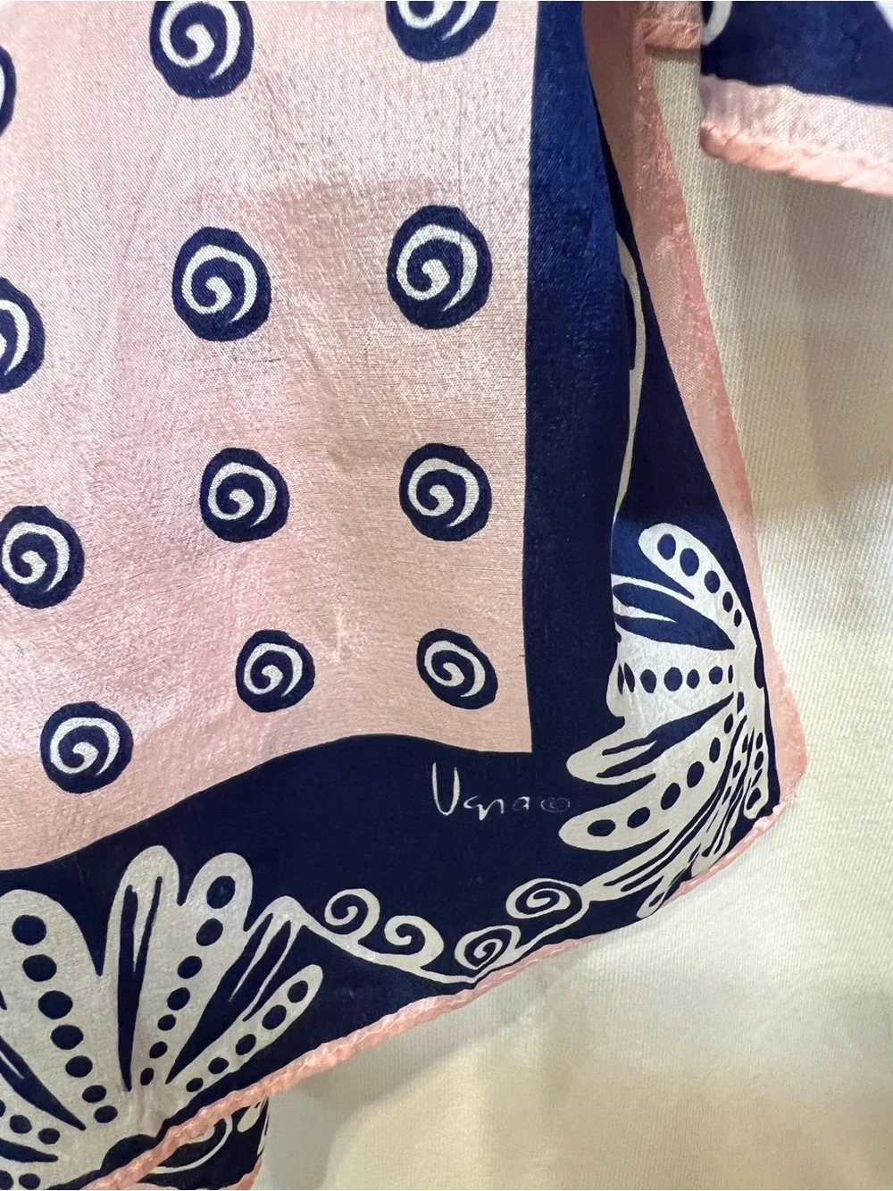 Vintage Vera Neumann  silk Oblong Scarf hand rolled pink navy floral design
